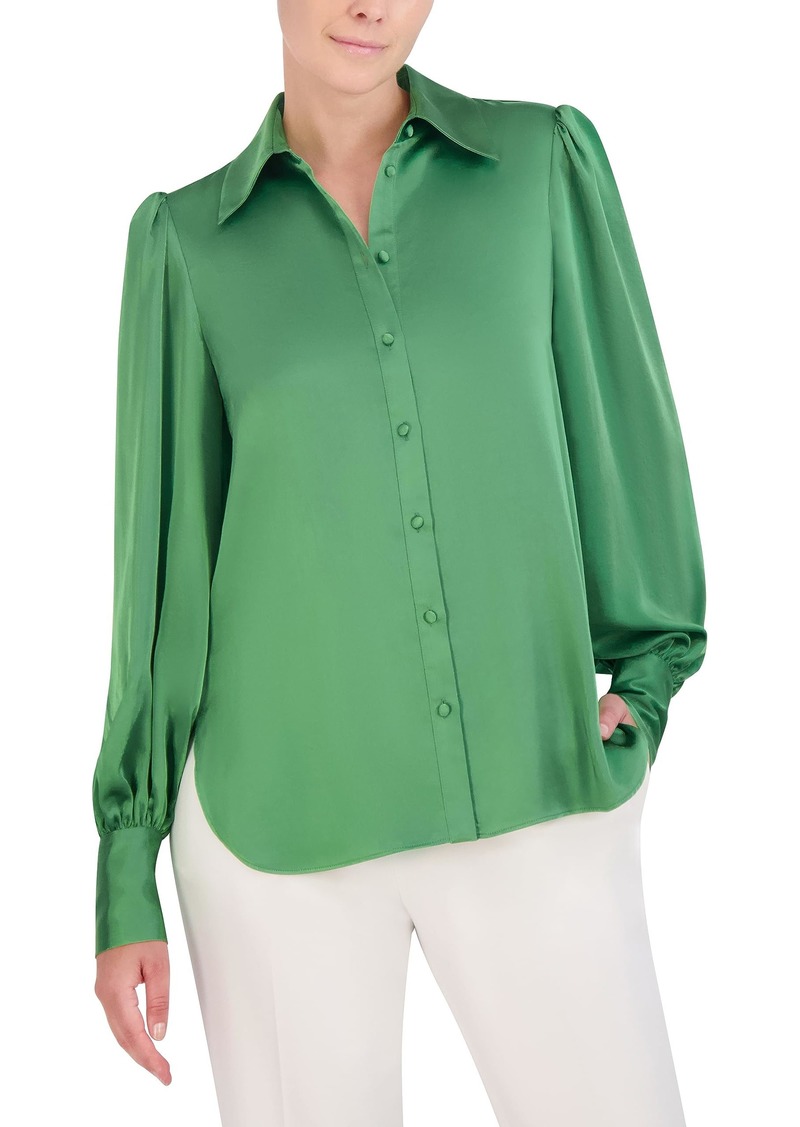 BCBG Max Azria BCBGMAXAZRIA Women's Long Ballon Sleeve Collar Neck Satin Shirt