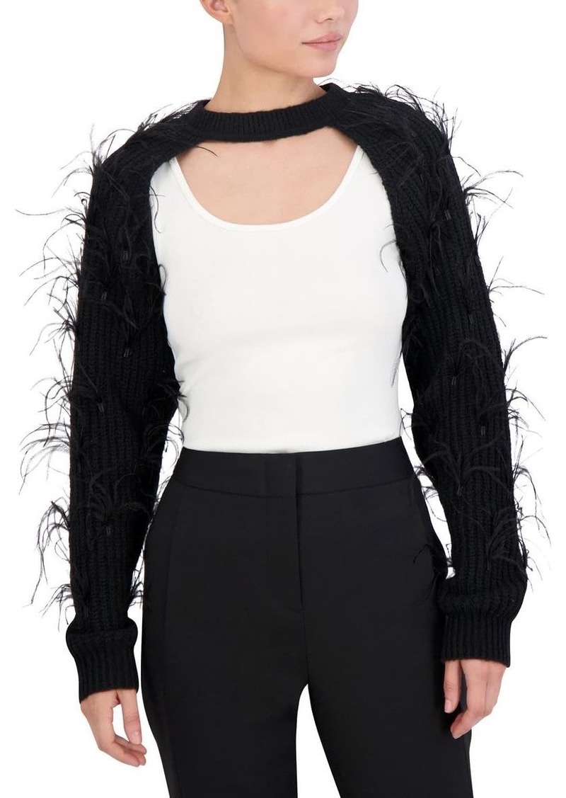 BCBG Max Azria BCBGMAXAZRIA Women's Long Sleeve Crew Neck Pullover Feather Shrug Sweater Top