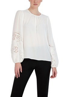 BCBG Max Azria BCBGMAXAZRIA womens Long Sleeve Embroidered Keyhole Blouse Shirt Off White  US