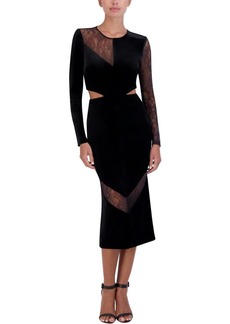 BCBG Max Azria BCBGMAXAZRIA Women's Long Sleeve Fitted Midi Cocktail Dress Round Neck Lace Trim Side Cut Outs
