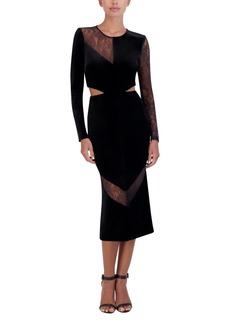 BCBG Max Azria BCBGMAXAZRIA Women's Long Sleeve Fitted Midi Cocktail Dress Round Neck Lace Trim Side Cut Outs