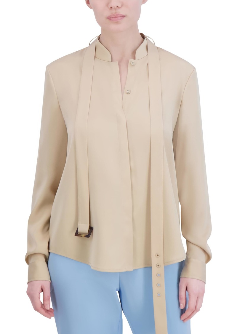 BCBG Max Azria BCBGMAXAZRIA Women's Long Sleeve Mock Collar Neck Belt Tie Blouse Top