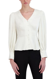BCBG Max Azria BCBGMAXAZRIA Women's Long Sleeve Peplum Top V Neck Button Front Shirt Off White
