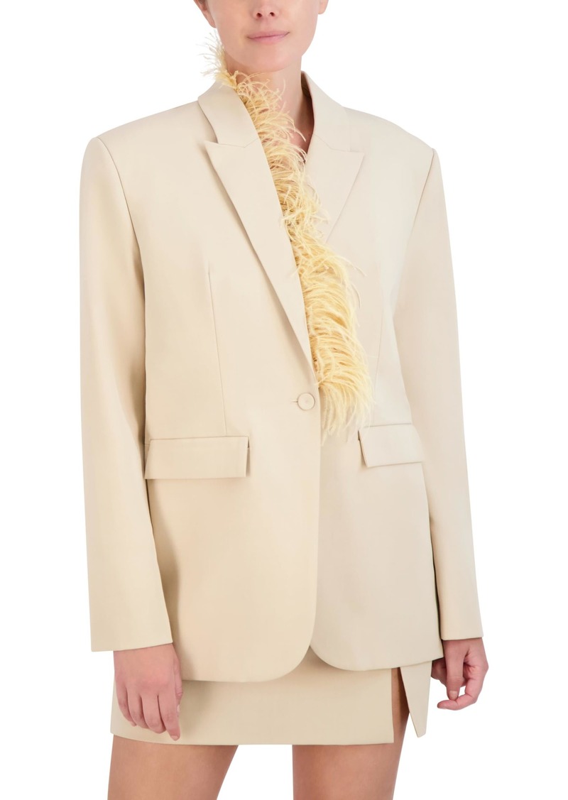 BCBG Max Azria BCBGMAXAZRIA Women's Long Sleeve V Neck Blazer with Feather Trim