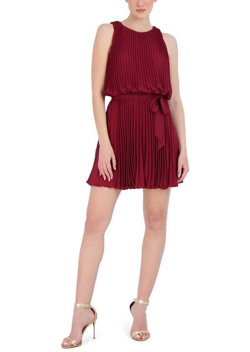 BCBG Max Azria BCBGMAXAZRIA Women's Mini Cocktail Fit and Flare Tie Front Pleats Round Neck Dresses