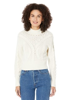 BCBG Max Azria BCBGMAXAZRIA Women's Relaxed Cable Knit Sweater Long Sleeve Mock Neck Cutout Pom Top