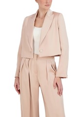 BCBG Max Azria BCBGMAXAZRIA Women's Relaxed Cropped Satin Jacket Long Sleeve V Neck Peak Lapel Button Front