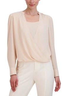 BCBG Max Azria BCBGMAXAZRIA Women's Relaxed Faux Wrap Top Long Sleeve Button Cuff Scoop Neck Surplice Overlay High Low Asymmetrical Hem Shirt