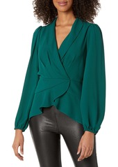 BCBG Max Azria BCBGMAXAZRIA Women's Relaxed Long Sleeve Surplice Blouse with Asymmetrical Ruffle Hem