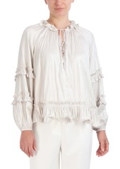 BCBG Max Azria BCBGMAXAZRIA Women's Relaxed Ruffle Blouse Long Bishop Sleeve Notched V Neck Top