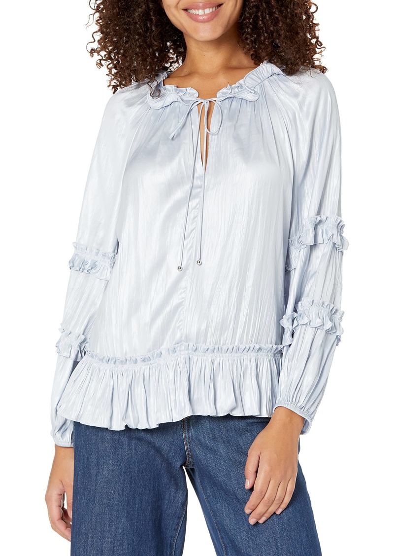 BCBG Max Azria BCBGMAXAZRIA Women's Relaxed Ruffle Blouse Long Bishop Sleeve Notched V Neck Top