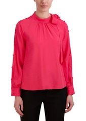 BCBG Max Azria BCBGMAXAZRIA Women's Relaxed Top Long Sleeve Button Cut Out Mock Neck High Low Asymmetrical Hem