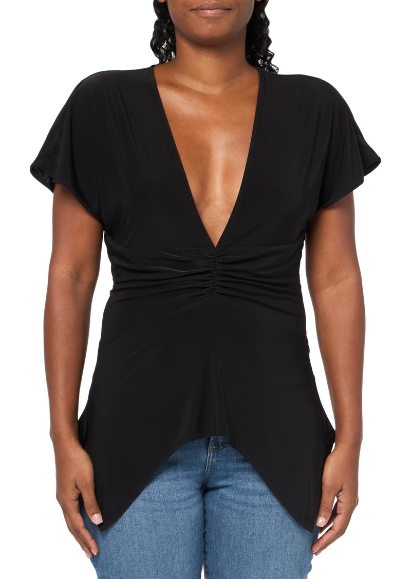 BCBG Max Azria BCBGMAXAZRIA Women's Short Sleeve V Neck Ruched Knit Top