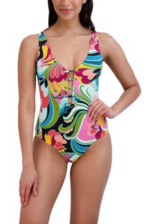 BCBG Max Azria BCBGMAXAZRIA Women's Standard One Piece Swimsuit Lace Up Grommet Tummy Control Quick Dry Bathing Suit