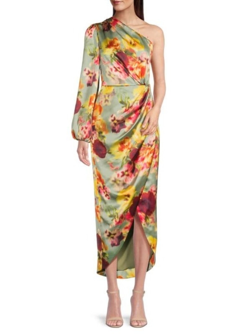 BCBG Max Azria Floral Satin One Shoulder Midi Dress