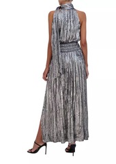 BCBG Max Azria Metallic Pleated Halter Maxi Dress