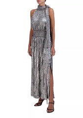 BCBG Max Azria Metallic Pleated Halter Maxi Dress