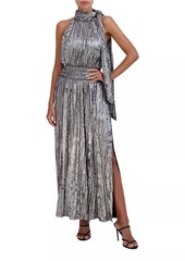 BCBG Max Azria Metallic Pleated Halter Maxi Dress