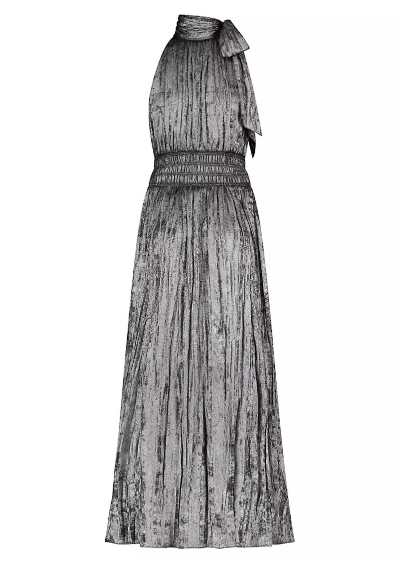 BCBG Max Azria Metallic Pleated Halter Maxi Dress