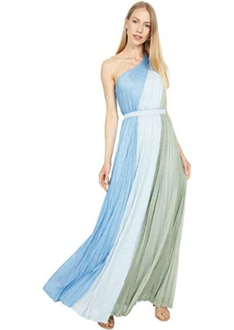 One Shoulder Pleated Metallic Gown 56 Off