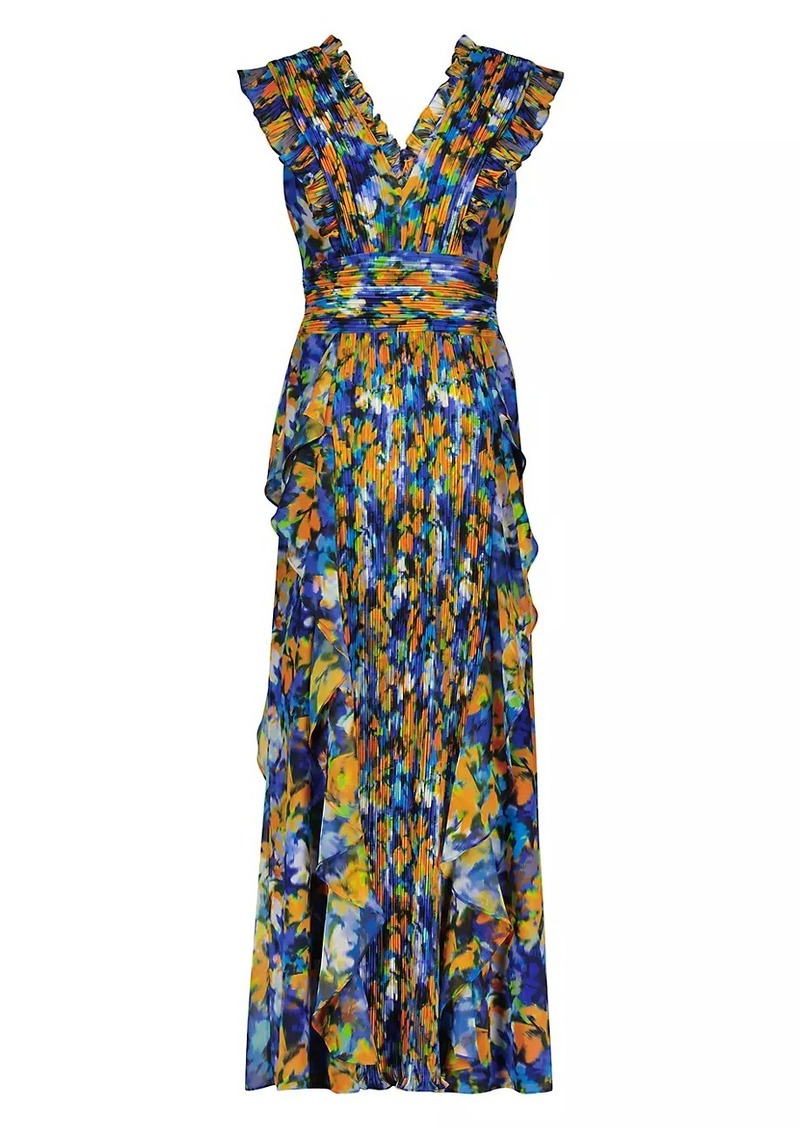 BCBG Max Azria Printed Pleated Ruffle Gown