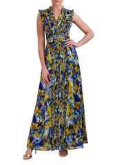 BCBG Max Azria Printed Pleated Ruffle Gown