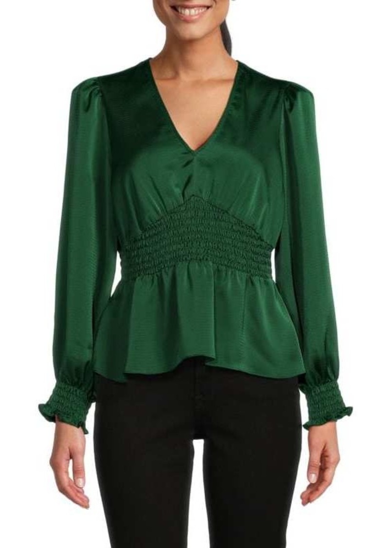 BCBG Max Azria Satin Smocked Peplum Top