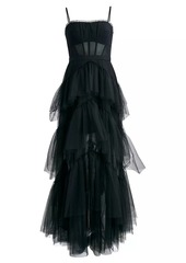 BCBG Max Azria Sheer Tiered Ruffle Gown
