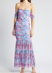 bebe Floral Ruched Off the Shoulder Mesh Gown