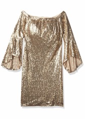 bebe Women's All Over Sequin Off The Shoulder Dress with Bell Sleeves