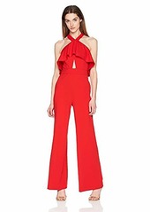 bebe Women's Crepe Ruffle Front Halter Neck Jumpsuit with Lace Back