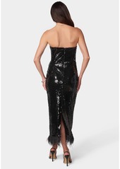 Bebe Women's Feather and Sequin Strapless Midi Dress - Black