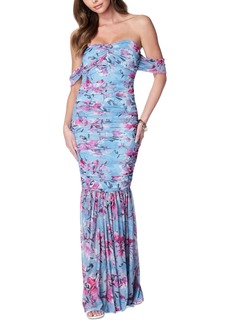 Bebe Women's Floral-Print Ruched Off-The-Shoulder Gown - Blue Multi