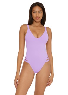 Becca by Rebecca Virtue Women's Standard Color Prism High Leg One Piece Swimsuit-Scoop Neck Open Back Design Bathing Suits