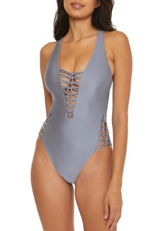 Becca by Rebecca Virtue Women's Standard Color Sheen One Piece Swimsuit Plunge Neck Sexy Satin Bathing Suits