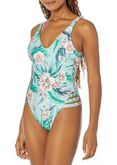 Becca by Rebecca Virtue Women's Standard Print Play High Leg One Piece Swimsuit-Open Back Cut-Out Sides Bathing Suits