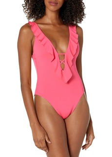 Becca by Rebecca Virtue Women's Standard Socialite Ruffle One Piece Swimsuit Plunging V-Neckline Bathing Suits