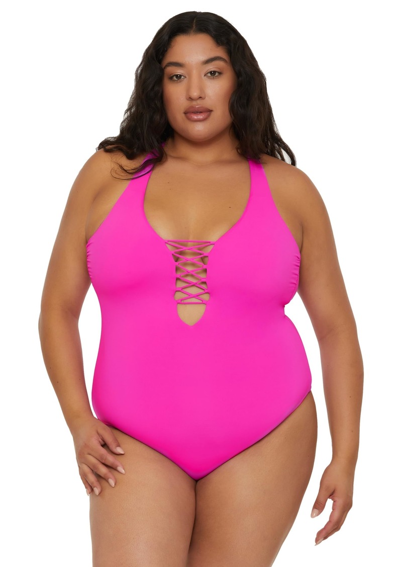 BECCA ETC Color Code - Women's Plus Size One Piece Swimsuit Plunge Neck Bathing Suits for Women