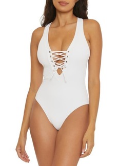 Becca Modern Edge Plunge Lace-Up Ribbed One-Piece Swimsuit