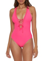 Becca Modern Edge Ribbed Lace-Up Plunge One-Piece Swimsuit