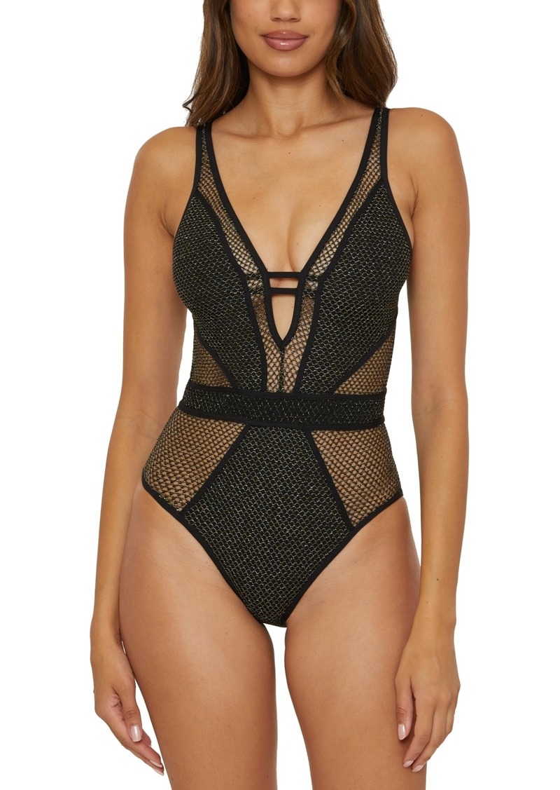 Becca Women's Network Metallic Mesh Plunge-Neck One-Piece Swimsuit - Black