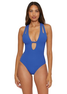 BECCA Women's Standard Pucker Up Plunge One Piece Swimsuit Adjustable Tie Back Bathing Suits