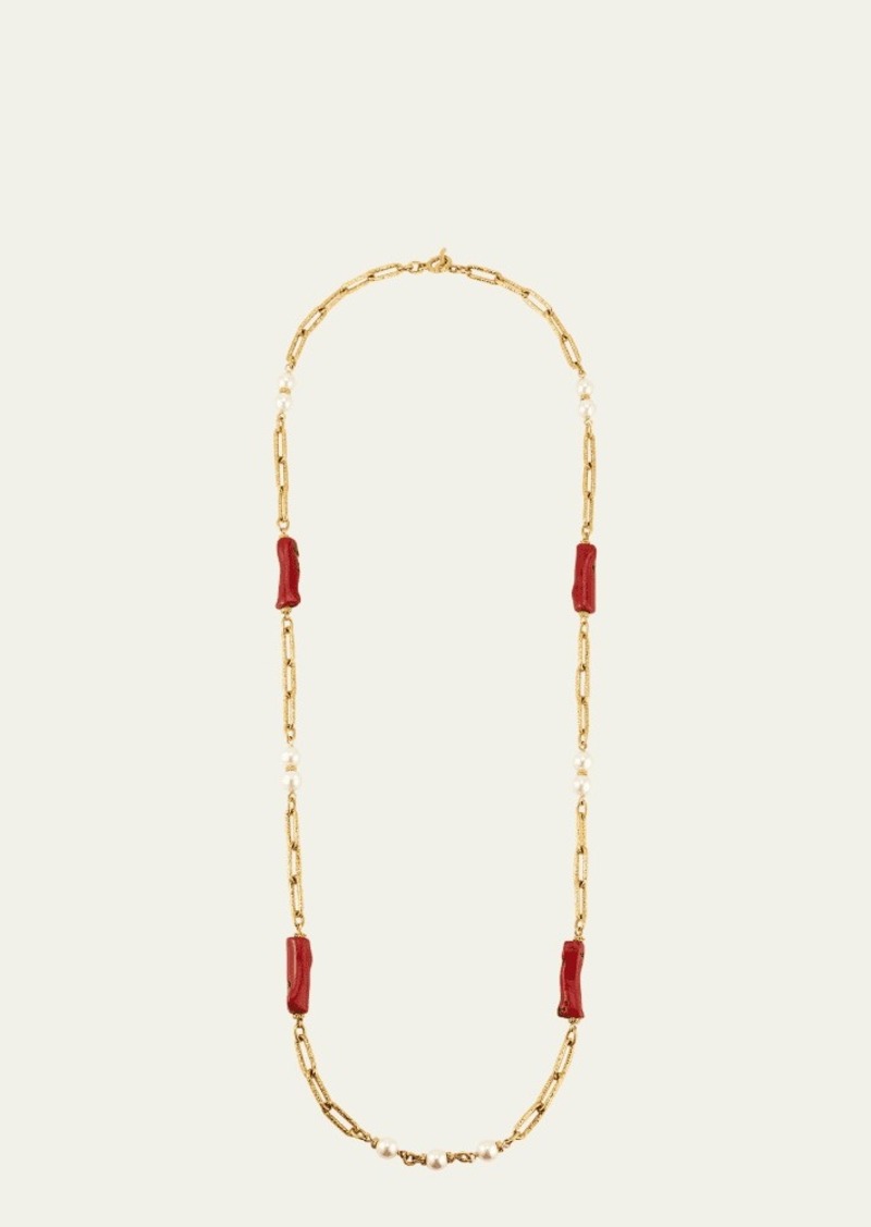 Ben-Amun Long Chain Necklace with Coral Stones and Pearly Beads