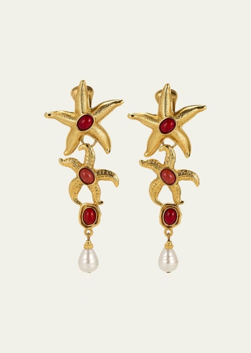 Ben-Amun Starfish Clip On Earrings with Pearly Drops and Coral Stones