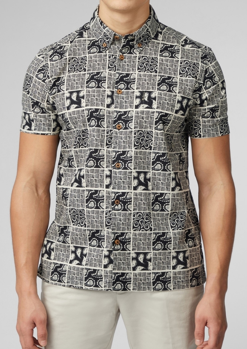 Ben Sherman Men's Checkerboard Paisley Print Short Sleeve Shirt - Black