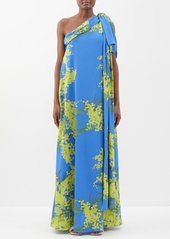 Bernadette - Gala One-shoulder Floral-print Georgette Gown - Womens - Blue Yellow