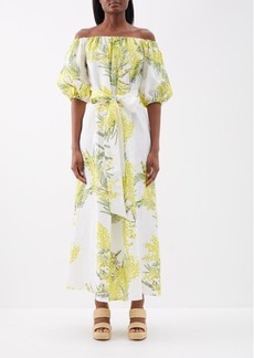 Bernadette - Zara Off-the-shoulder Floral-print Linen Dress - Womens - White Yellow Multi
