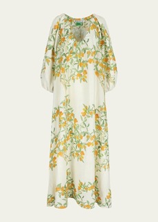 BERNADETTE Floral Print Balloon-Sleeve Maxi Linen Gown