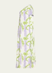 BERNADETTE Gala One-Shoulder Wisteria Printed Maxi Dress with Bow Detail