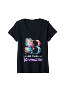 Womens B Is For Bernadette Girly Butterfly And Flower Initial Name V-Neck T-Shirt